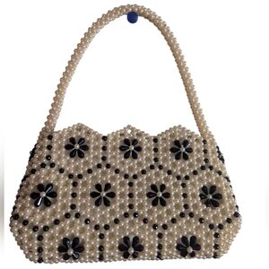 Cream and Black Faux Pearl Hand Bag with Geometric Pattern